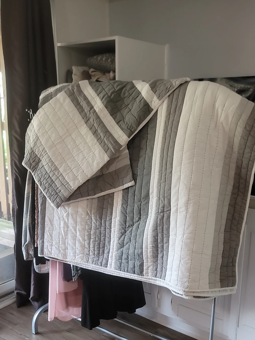 Gray and White Striped Quilted Bedspread